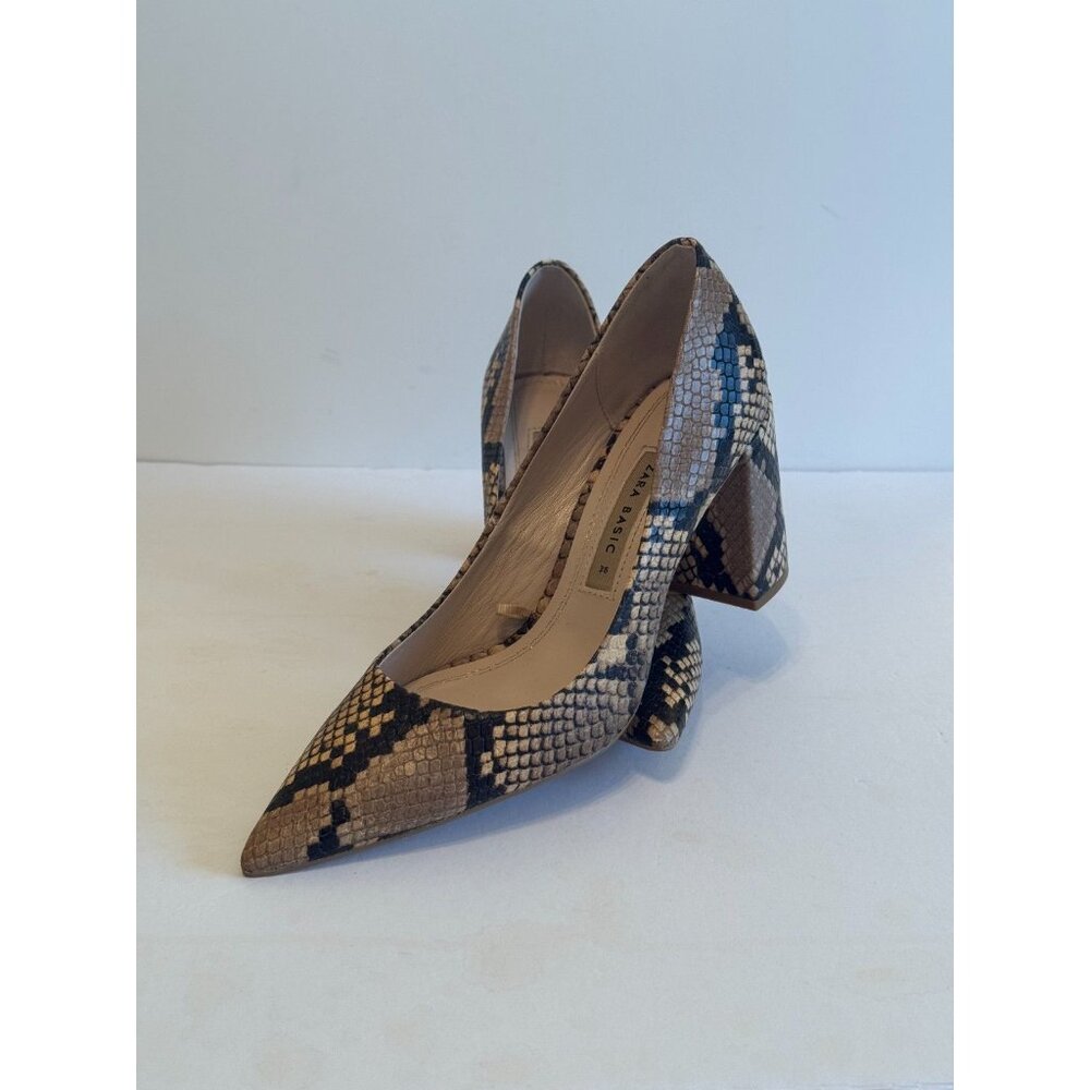 Zara Basics Python Block Heels Beige & Brown Pointed Toe Sizes 5 1/2